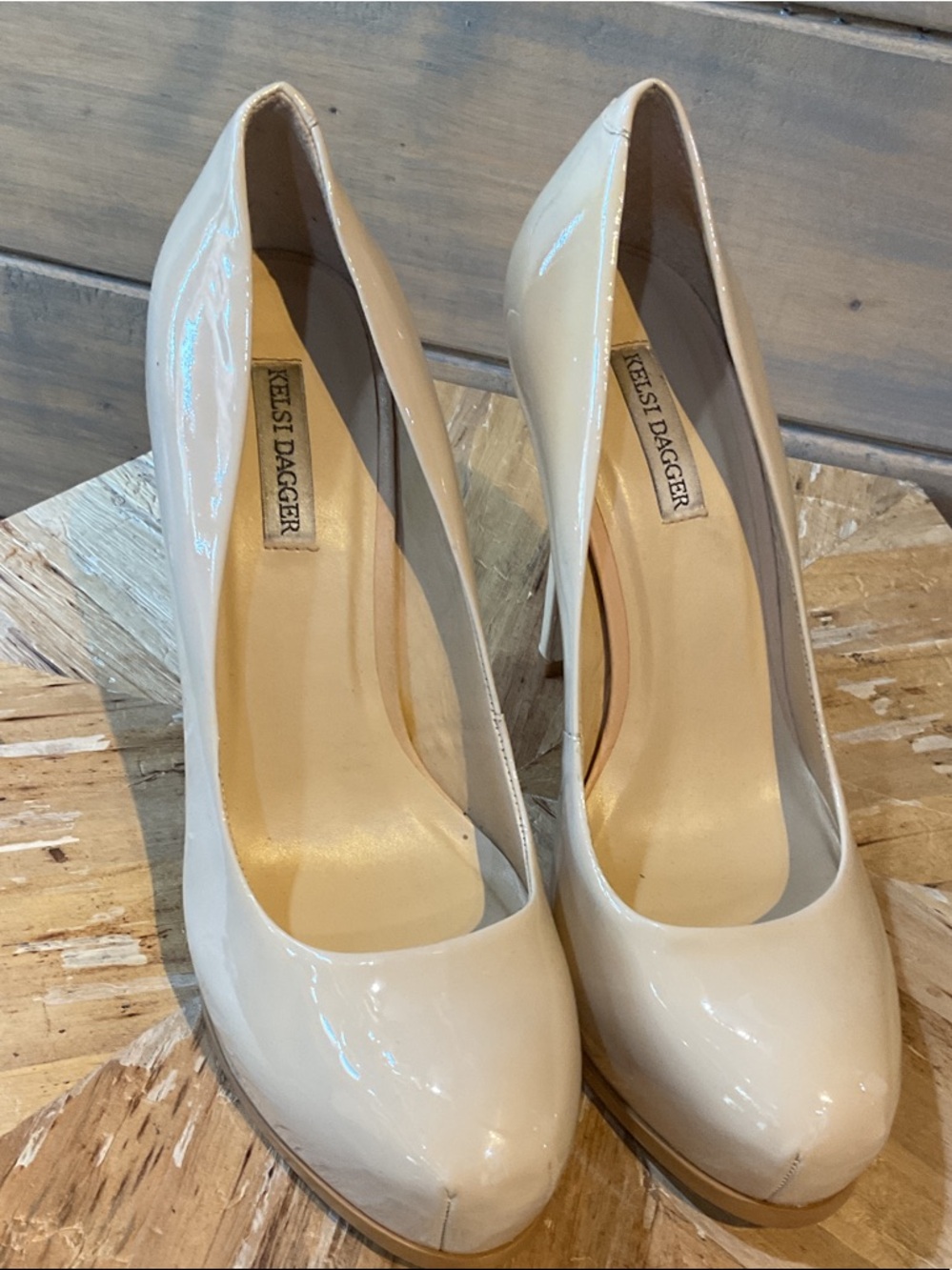 Kelsi Dagger Beige Patent Leather Platform Pumps